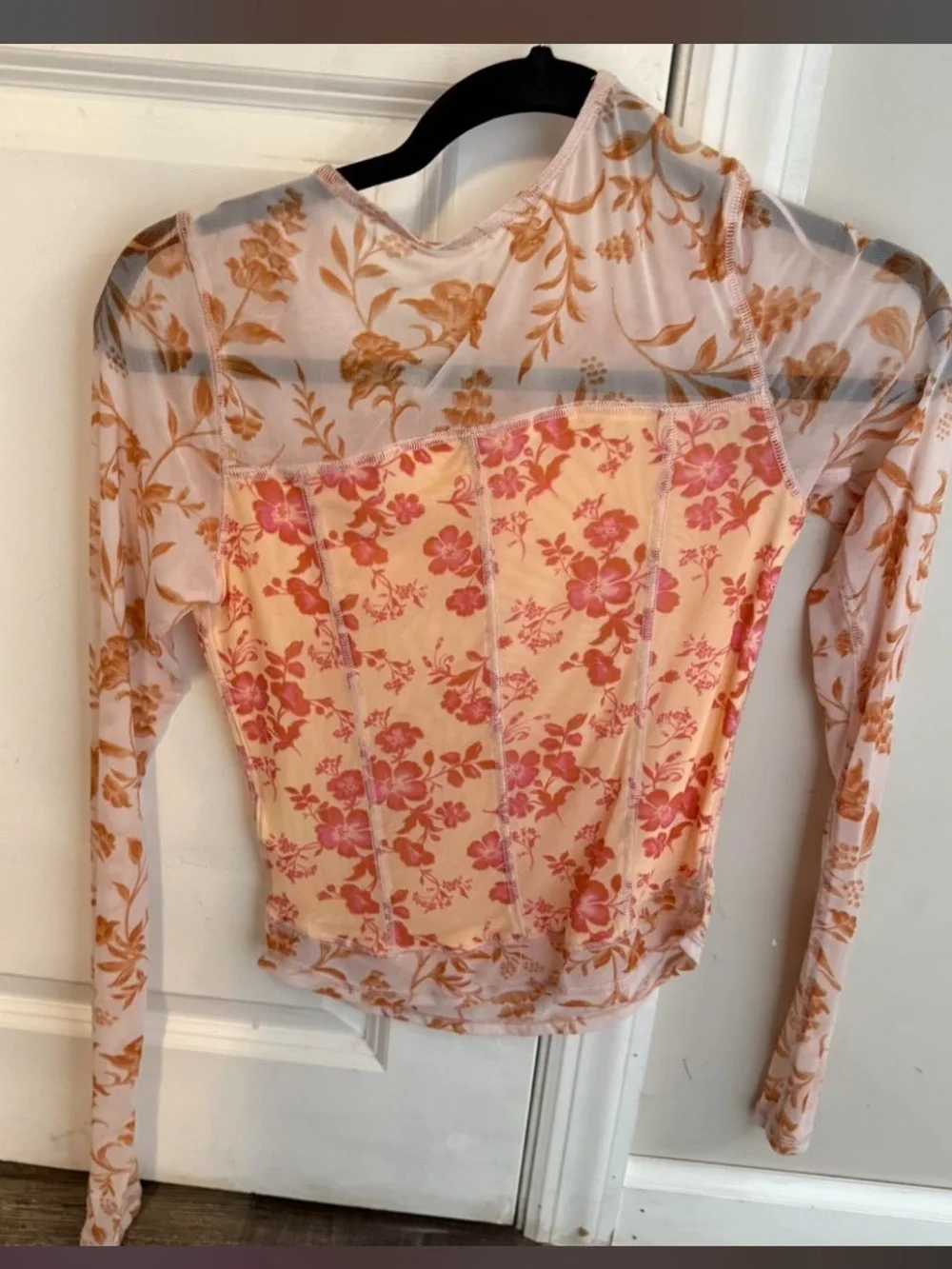 Free People Blush Pink Floral Mesh Long-Sleeve Top